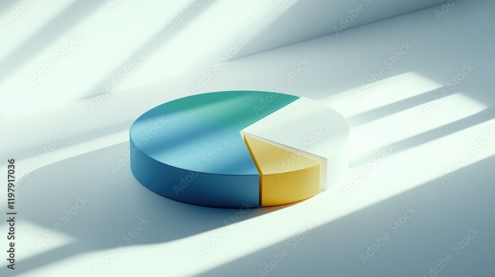 Poster a minimalist pie chart with sectors in blue, green, and yellow, set on a white background with shado