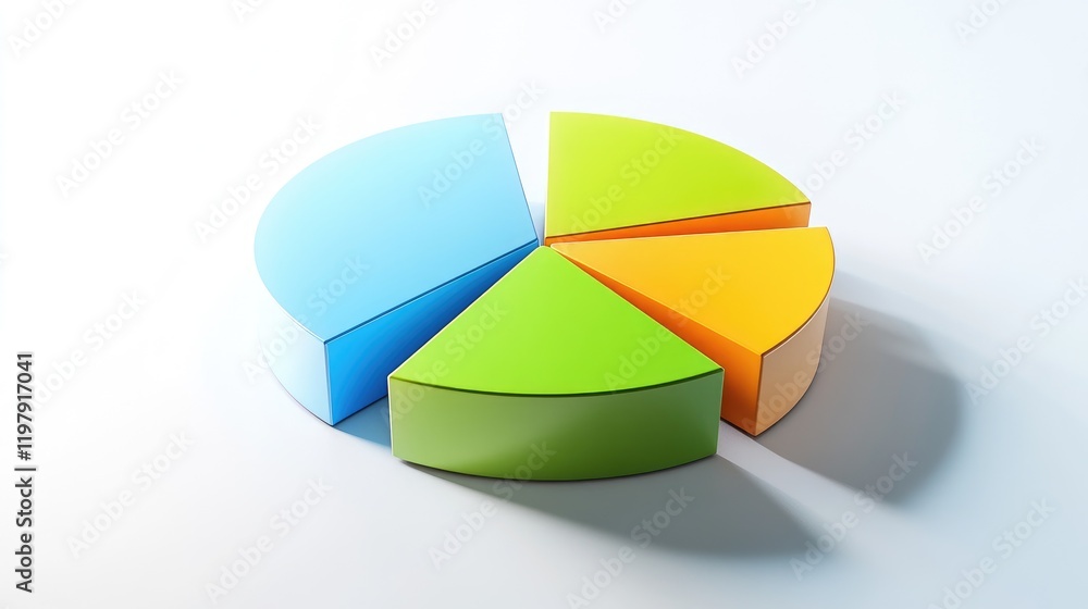 Poster a minimalist pie chart with sectors in blue, green, and yellow, set on a white background with shado