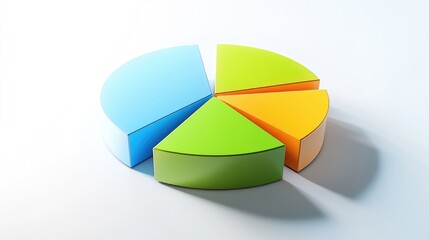 Fototapeta premium A minimalist pie chart with sectors in blue, green, and yellow, set on a white background with shadows that create a D effect