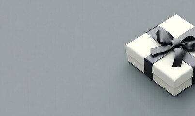 Elegant white gift box with black ribbon on gray background.