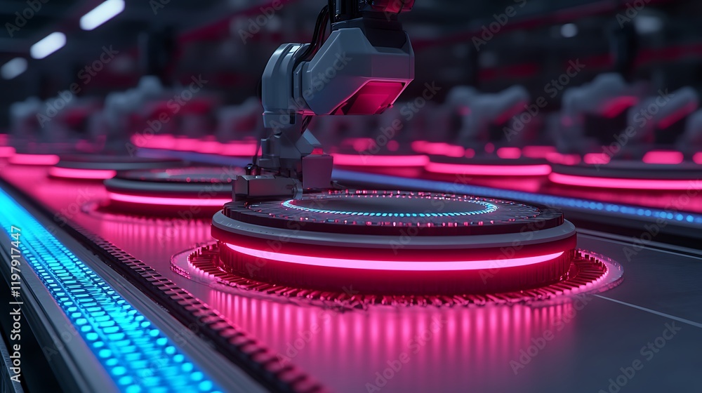 Poster automated robotic arm on a futuristic assembly line