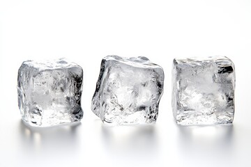 Three clear ice cubes each with visible air bubbles trapped inside arranged in a row