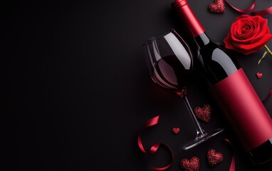 A romantic table setting featuring a bottle of wine and a glass, perfect for a cozy Valentine's Day celebration filled with love and intimacy.