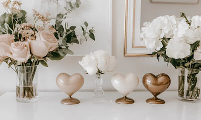 heart figurines stand on a table with flowers background in minimalist colors