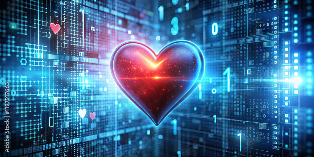 Poster a vibrant heart glows amid streams of binary code, symbolizing love in a digital era, blending techn