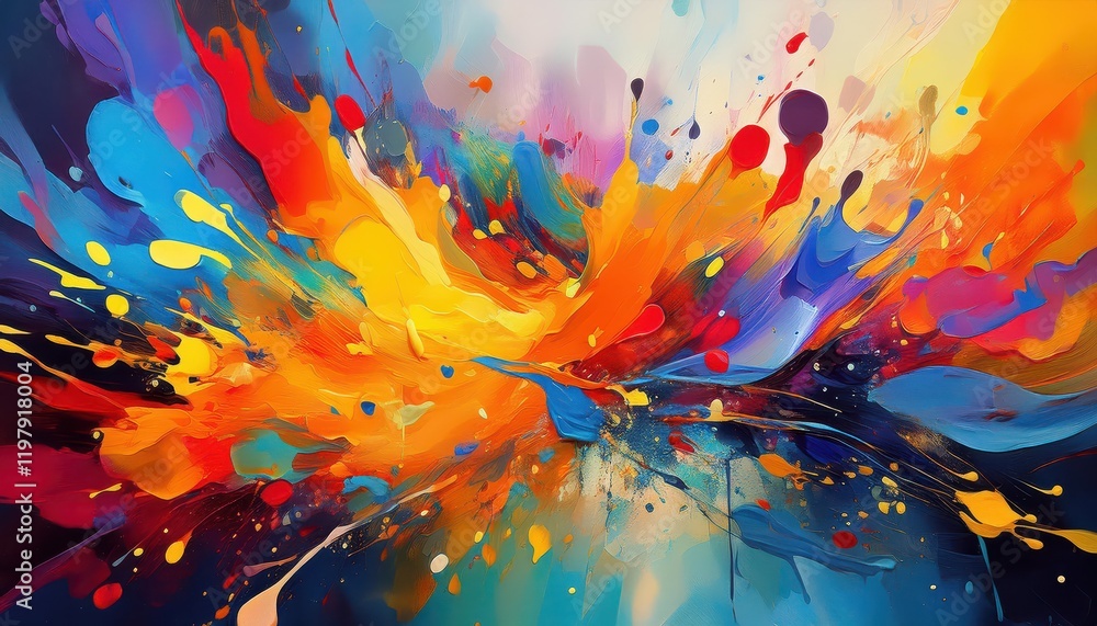 Poster Vibrant Dynamic Abstraction A Gaze into the Kaleidoscope of Colorful Paint Splatters Across a Canvas