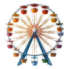 Fototapeten Colorful ferris wheel stands tall at amusement park during sunny day with joyful visitors enjoying the rides isolated on transparent background © PD