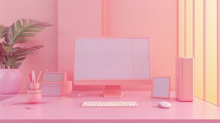 A pastel pink workspace featuring a computer, accessories, and plants for a calming aesthetic.