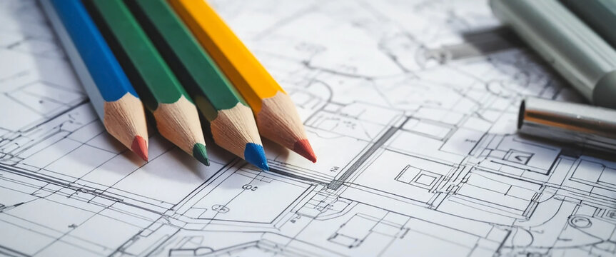 a wide angled horizontal macro closeup photo of yellow color drawing pencils on an architectural blueprint drawings and drawing role on a table