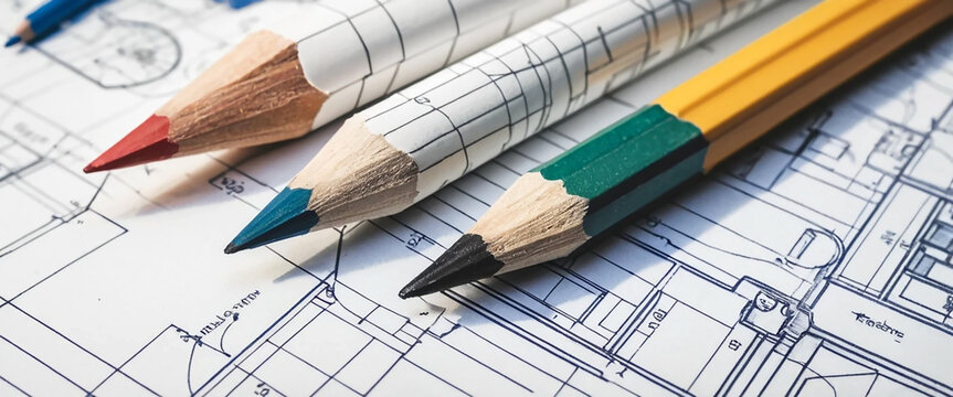 a wide angled horizontal macro closeup photo of yellow color drawing pencils on an architectural blueprint drawings and drawing role on a table
