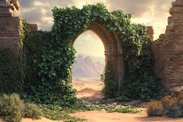 Overgrown archway in ancient ruins reveals a desert vista and distant mountains.