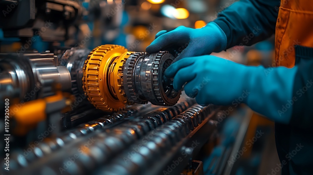 Poster close-up of a worker's hands assembling intricate gears on a factory assembly line