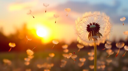 Blowball to Sunset: A Macro Closeup of Wish Seed Blowing in the Wind with Pollen Flying in Sunlight