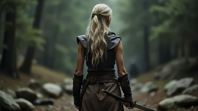 Woman archer in forest. Fantasy warrior with bow and arrows. Adventure concept. Halloween, role-playing event and costume party
