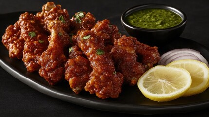 Fototapeta premium A platter of tandoori chicken wings, coated in rich spices, served with mint chutney, sliced onions, and lemon wedges on a dark background