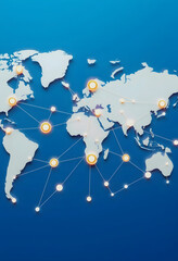 Network linking to regions around the world, technology concept, flat papercut style, with white tones