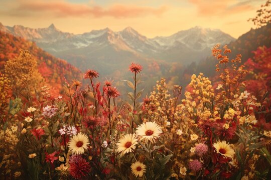 Autumnal wildflowers bloom vibrantly against a backdrop of majestic, snow-capped mountains at sunset.