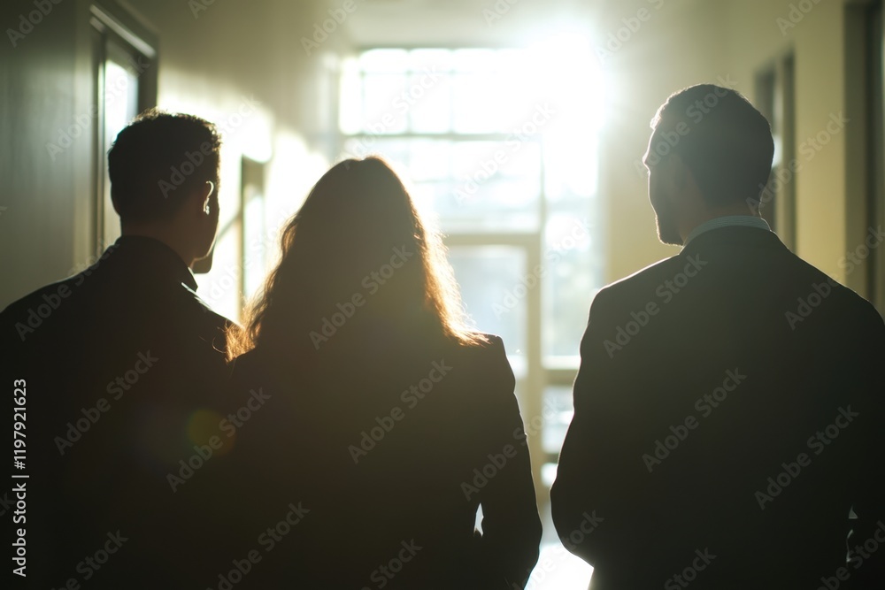 Poster a group of business people engaged in an open conversation in the corridor, with sunlight streaming 