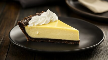 A Decadent Slice of Key Lime Pie with Whipped Cream, Exquisitely Displayed on a Dark Plate. A Perfect Sweet Treat for a Special Occasion.