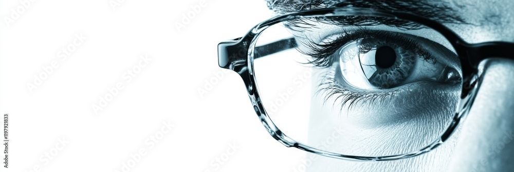 Poster Close up view of a human eye with glasses surrounded by a soft light in a bright setting. Generative AI