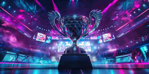 Silver trophy with wings shining under stadium lights during esports championship