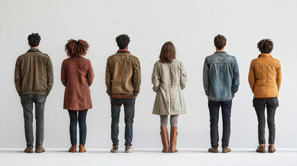 Fototapeta premium Group of Diverse Individuals Standing in Line Against a Clean White Background, Showcasing Different Styles and Personalities in Fashion and Attitude
