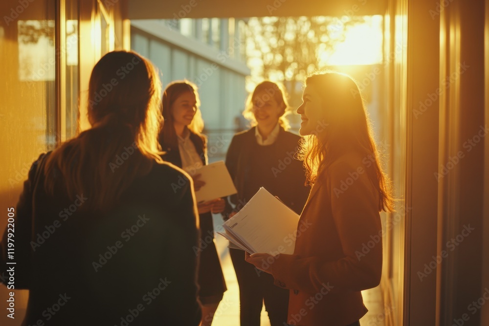 Poster a group of business people standing in an office corridor, engaged in conversation and sharing ideas