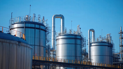 Obraz premium Industrial tanks and pipes dominating the skyline under a clear blue sky