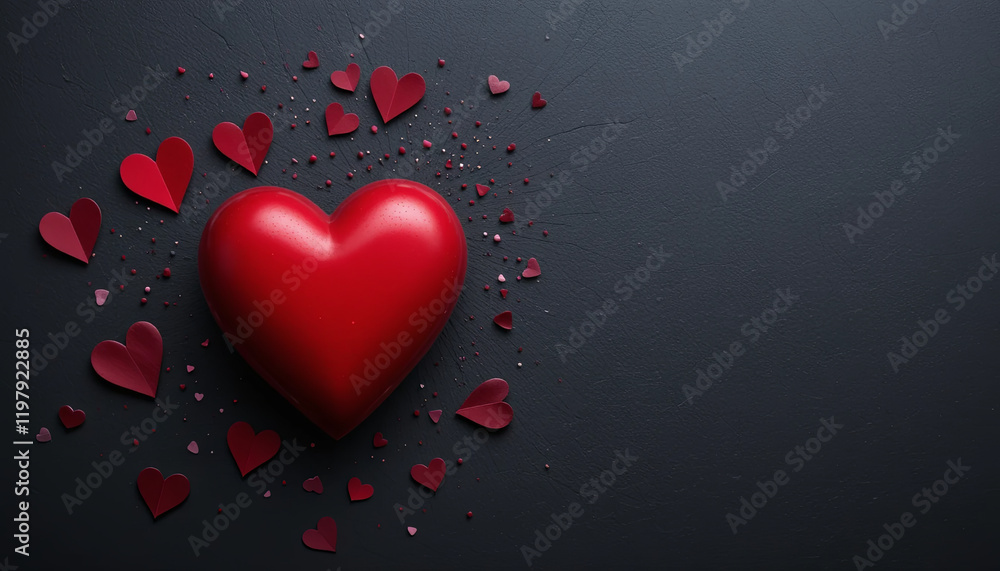 Poster a large red heart is placed in the center surrounded by numerous smaller red heart shapes on a dark 