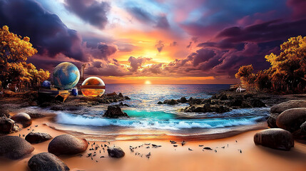 Surreal Sunset Beachscape with Floating Globes