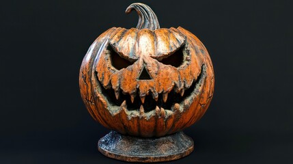 Carved Halloween pumpkin with menacing face on dark background.