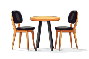 Wooden table and two chairs with black seats.