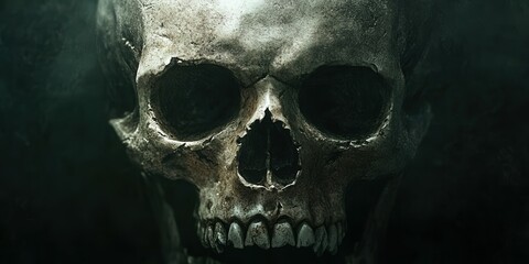 A detailed close-up reveals the texture and structure of an aged skull