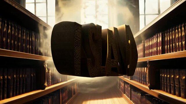 The word Islam is written in gold letters. The letters are large and bold, and the word is surrounded by a gold frame. The image has a sense of importance and reverence