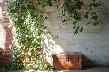 Naklejka premium Rustic orange metal trunk sits against a weathered brick wall, adorned with vibrant green ivy.