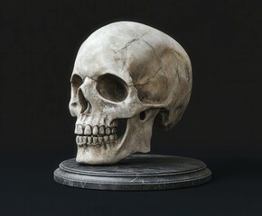Obraz premium Realistic human skull model displayed on a dark background