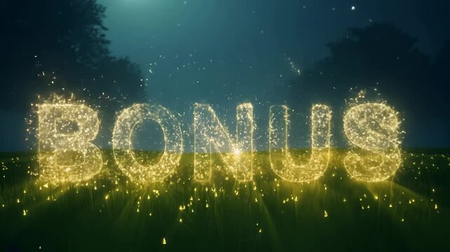 A bright yellow word that says bonus is lit up in a field of grass. The word is surrounded by a glowing effect that makes it stand out against the green background. Concept of excitement and reward