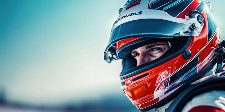 Race car driver wearing helmet and looking focused before race