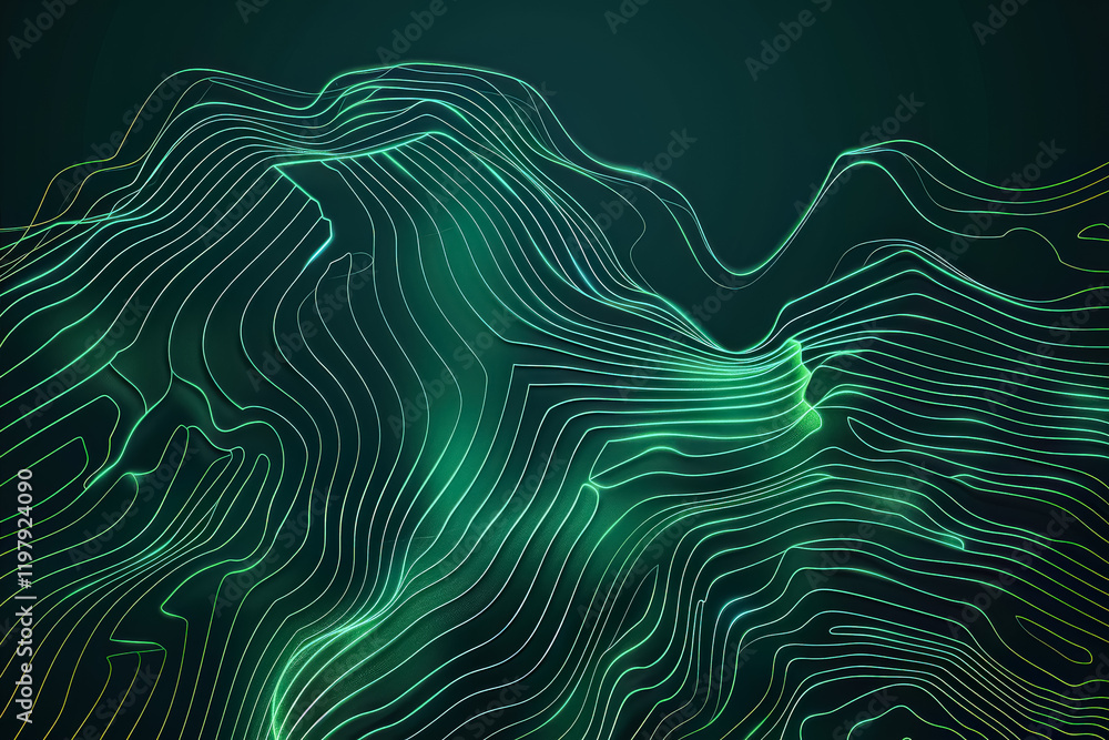 Poster green and black image of a wave with a lot of lines. the image has a futuristic and abstract feel to