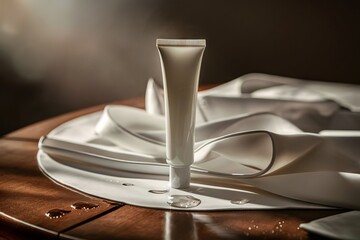 Luxurious White Cosmetic Tube Presented on Elegant Satin Fabric with Dramatic Lighting and Wooden Surface Backdrop for Sophisticated Beauty Product Showcase