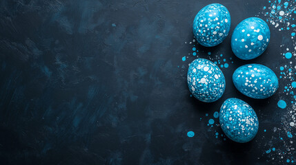 Fototapeta premium Hand-Painted Blue Easter Eggs with White Polka Dots on a Minimalist Dark Background for Elegant Holiday Decor