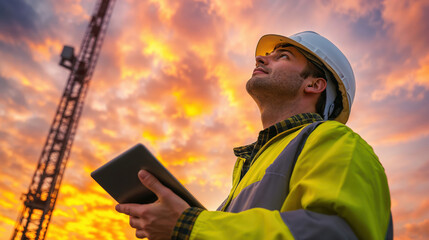 Construction engineer using tablet and inspecting construction site 