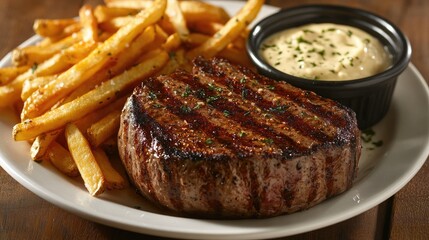 A thick steak seared to perfection, served on a white plate with a side of golden French fries and a small dish of creamy garlic sauce for dipping