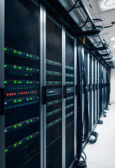 Data center network server rack isolated on white, studio photography