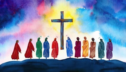 Divine Silhouettes Contemplate the Cross in a Celestial Scene A Stunning Abstract Painting of Heavenly Saints Gathered in Worship, Adorning Elegant Robes and Surrounding a Majestic Cross.