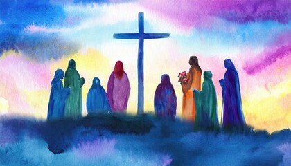 Inspiring Silhouettes of Saints Gazing Upon Cross in Heavenly Realm Vivid Hues and Textures Illuminate Abstract Painting from at
