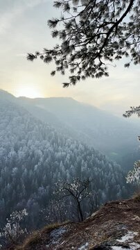 Frosty winter walk to Tomasovsky view, the rock protuberance providing wonderful views in National Park of Slovensky raj, Slovakia
