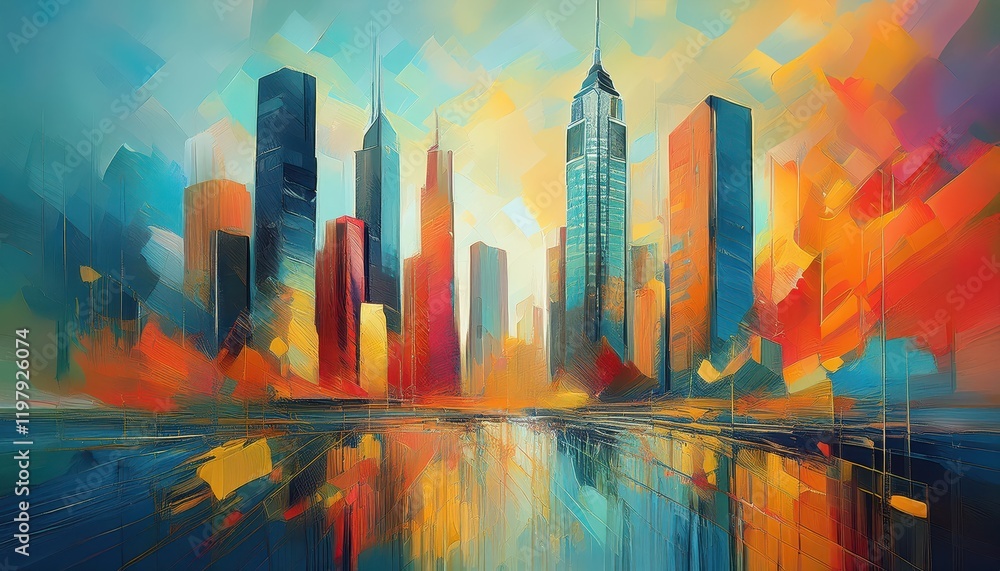 Poster dynamic urban skyline a vibrant spectacle of skyscrapers, showcasing an abstract interplay of colors