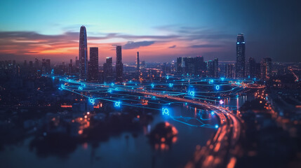 Fototapeta premium Abstract business man stands on the peak of success amid tall, innovative Smart city and graphs with statistics to analyze business potential and predict future developments in company growth.