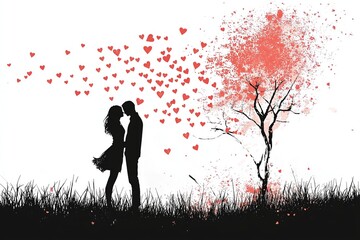 Silhouette of a Romantic Couple with Hearts and Artistic Tree on White Background